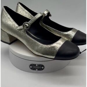 Marc Fisher Metallic Silver Mary Jane Flats with Black Cap Toe